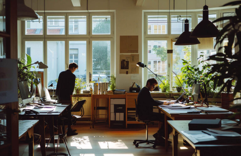 bradburymagnabicus_two_business_men_on_two_desks_inside_an_of_c968fe71-c2c1-40ca-9337-d04a2e3115f0_1